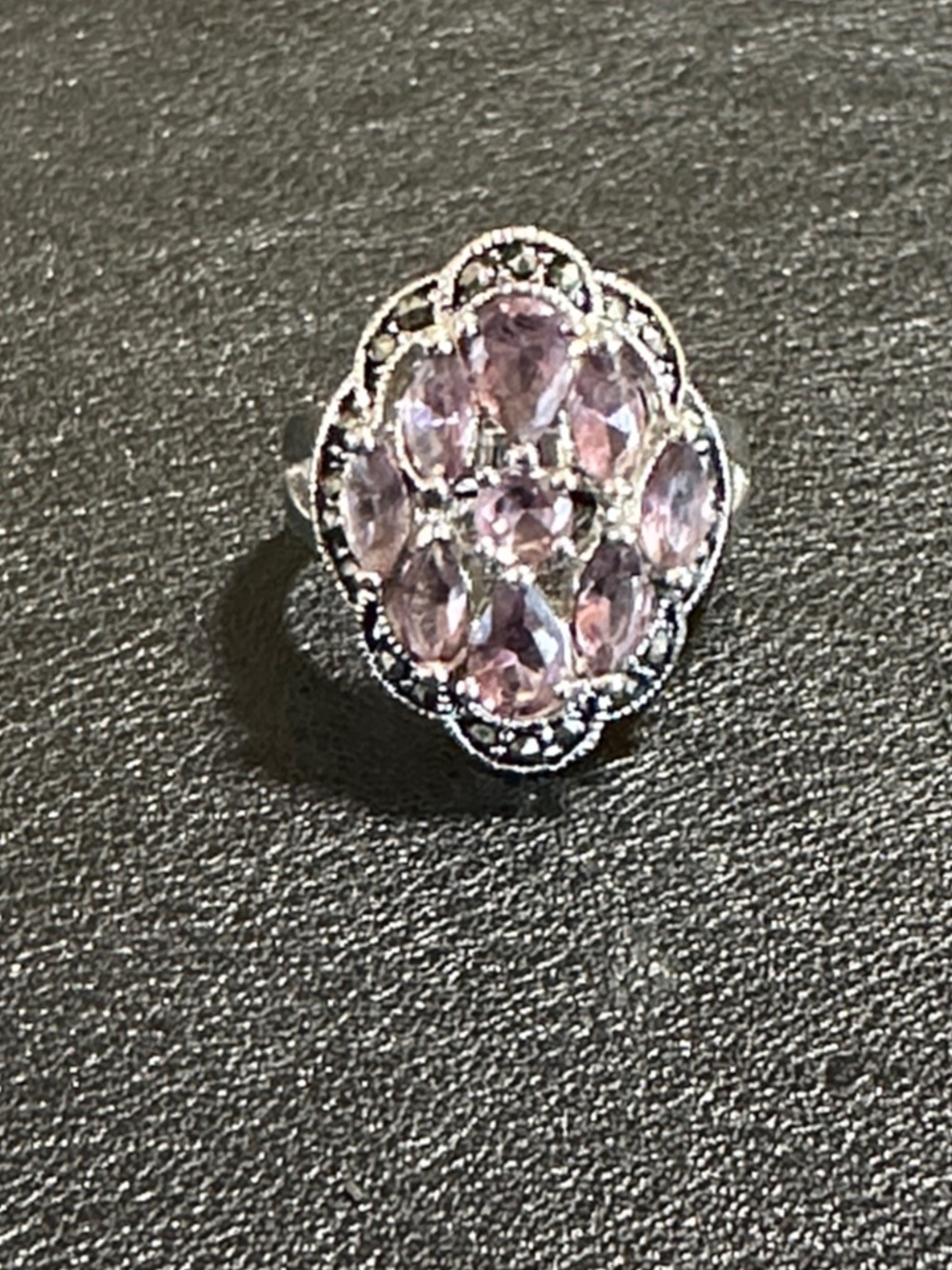 Silver-Tone Faceted Lavender Glass Marcasite Halo Ring